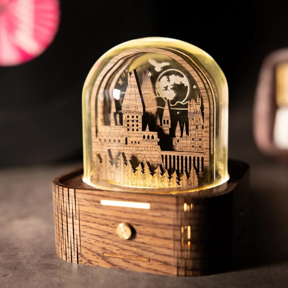 1 magic catle Harryy Potter Retro Hogwarts Music Box 3D Night Light Train NO.9 5972 Wooden Carving Touch Black Walnut Music Box Toy Figures MobileÉtoilé
